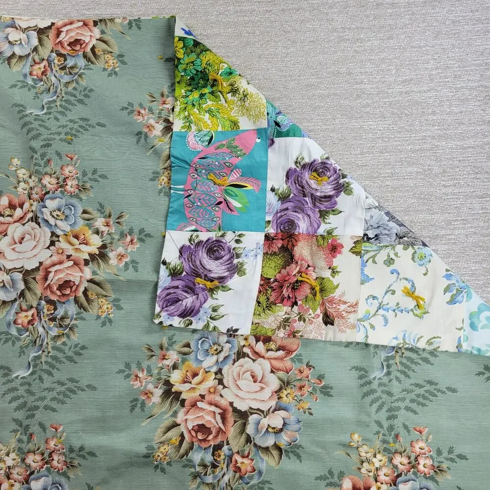 Handmade Patchwork Crazy Quilt Blanket Tablecloth Two-Sided Indian Square Floral